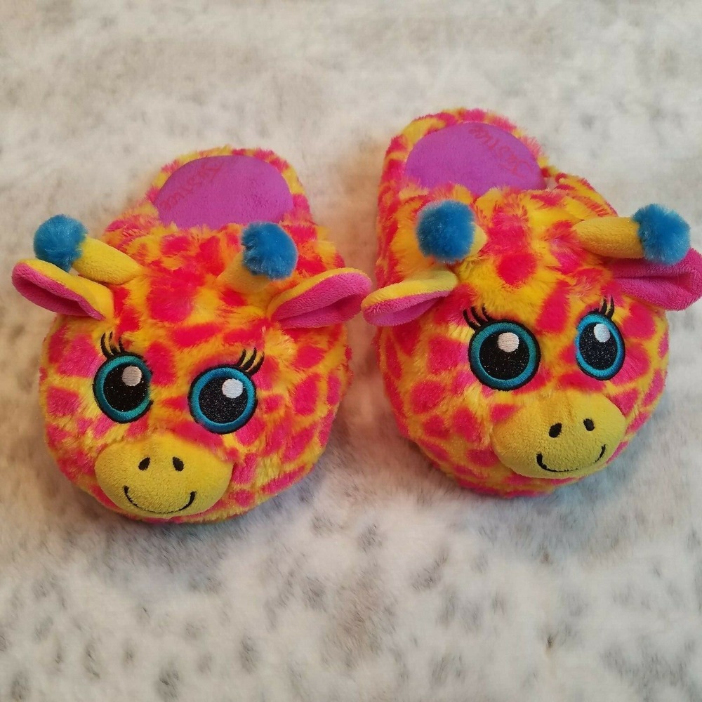 Justice Kid's Giraffe Slippers MED 4/5 Pink Yellow Sparkly Black Eyes